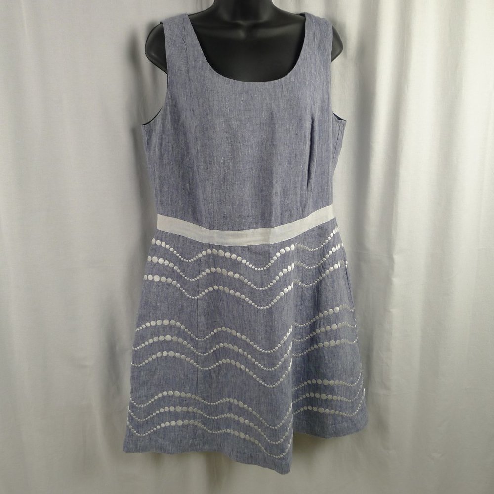 Sleeveless Blue Printed A-Line Dress with White Waistband
